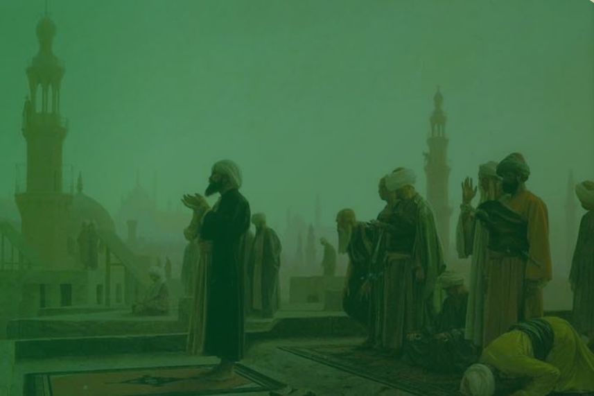 Gambar menunjukkan orang-orang zaman dahulu sedang berkumpul untuk salat