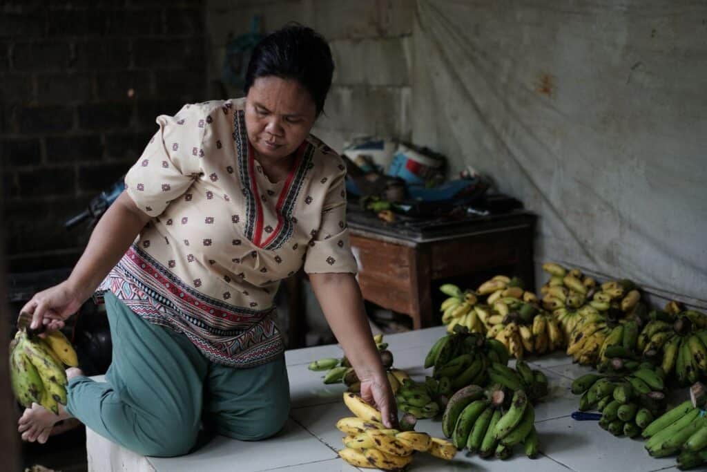 keluarga tangguh8 dompet dhuafa Nining tengah membantu Kang Untung menaikkan pisang-pisang ke atas motor.
