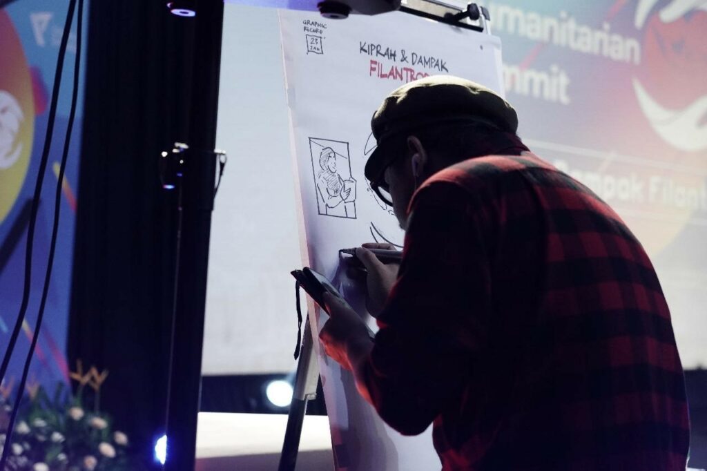 Aksi ilustrasi kemanusiaan oleh di panggung I-HitS 2024 di Usmar Ismail Hall Jakarta Selatan, Kamis (23/01/2025).