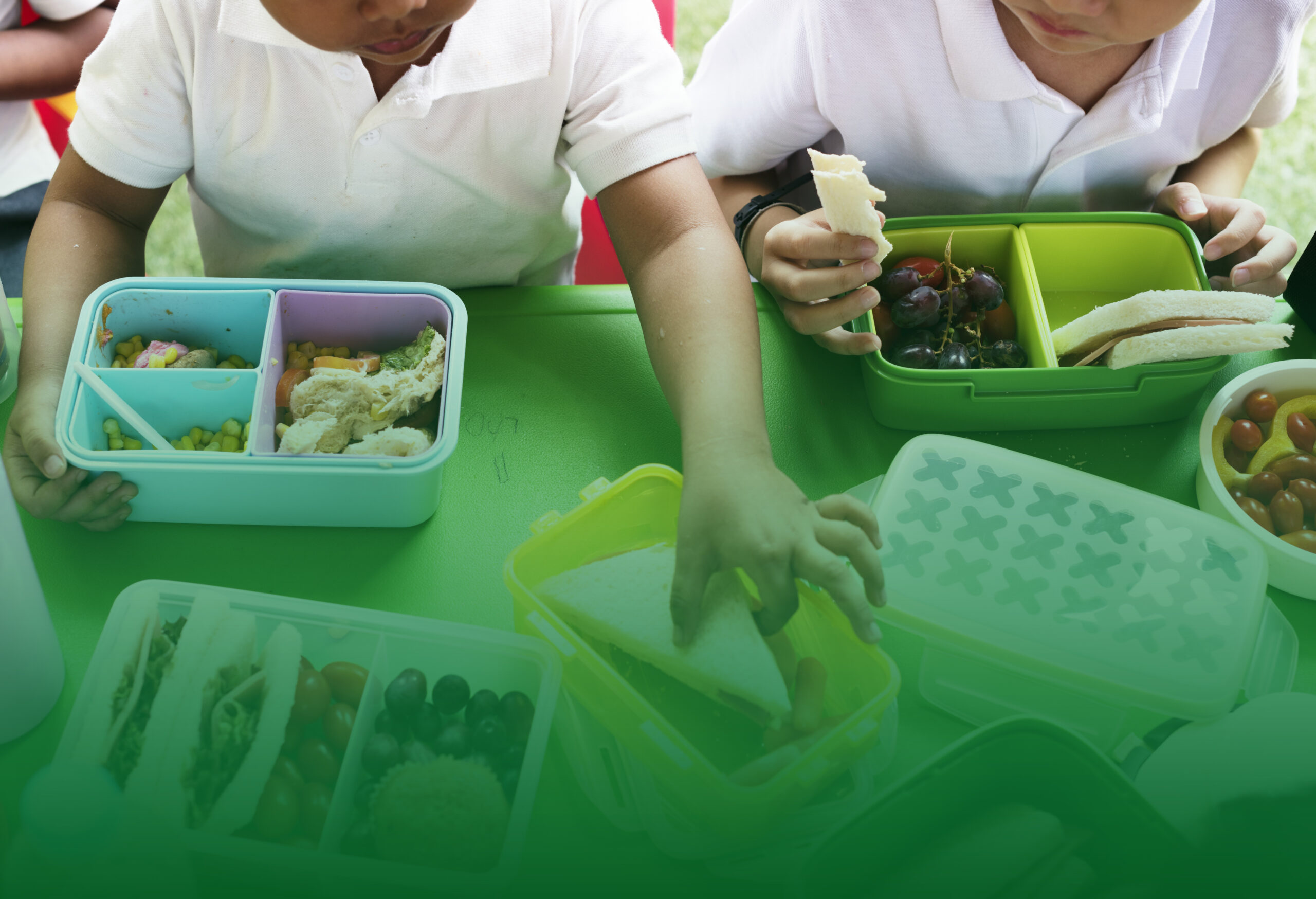 Gambar menunjukkan anak-anak yang sedang makan bersama dari kotak bekal yang dibawakan orangtuanya.