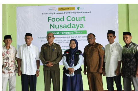 nusadaya ntt 1 dompet dhuafa Eight people stand side by side in front of a banner that reads 'Food Court Nusada' during an economic empowerment launch event, indoors.