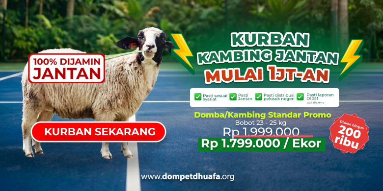Banner ad for Kurban kambing jantan: a standing sheep on a blue road background with bold Indonesian promo text, showing price Rp 1.799.000 per ekor, discount Rp 200 ribu, and website www.dompetdhuafa.org.