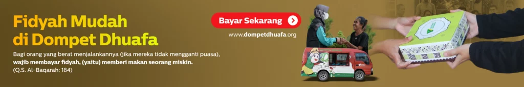 1068x178fidyah1024x171 dompet dhuafa Banner promoting easy fidyah payments with Dompet Dhuafa, showing bold yellow text, a red "Bayar Sekarang" button, and donation imagery.
