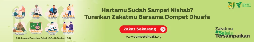 1068x178zakat1024x171 dompet dhuafa Banner urging Zakat donation for Dompet Dhuafa: Indonesian headline, left shows eight illustrated beneficiaries, red 'Zakat Sekarang' button, Dompet Dhuafa logo on the right.