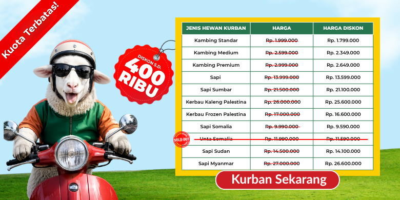banner 780x390 9 dompet dhuafa Sheep wearing a helmet and sunglasses rides a red motorcycle next to a bright price-table promo for Kurban with a'Kurban Sekarang' button and 'Kuota Terbatas' banner.