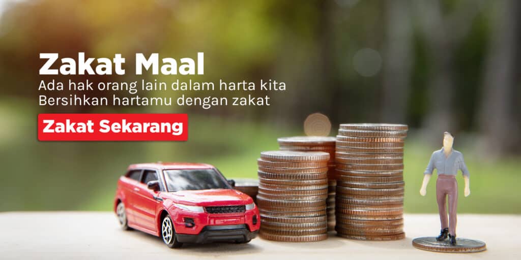 designwebbannernewzakatmaal11024x512 dompet dhuafa Banner promoting Zakat Maal with a red toy car, stacked coins, and a small figure on a coin; Indonesian text encourages giving zakat now.