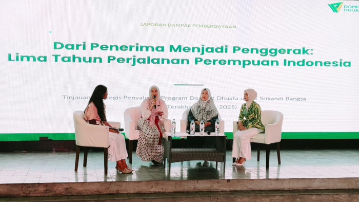 fotojet 5 dompet dhuafa Panel discussion on a stage with four women seated in chairs, microphones in hand; large screen behind shows the Indonesian title “Dari Penerima Menjadi Penggerak: Lima Tahun Perjalanan Perempuan Indonesia.”