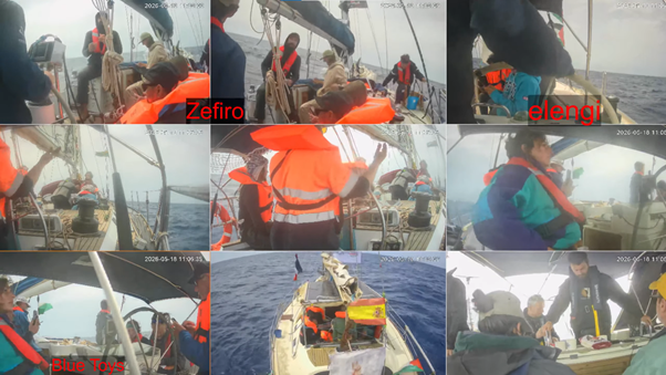 kapal global sumud flotilla dibajak israel 1 dompet dhuafa Collage of people in bright orange life jackets aboard a sailboat at sea, engaging in sailing activities and handling lines.