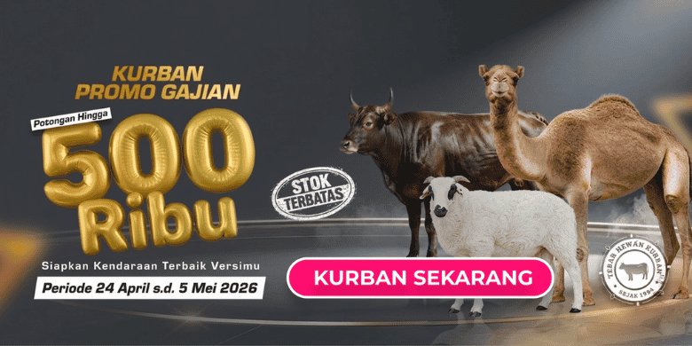 kurbanpromogajianmei2026potonganhargahingga500riburupiahwithpinkcta dompet dhuafa Promo banner for Kurban: 500 Ribu with goats and a camel, stock limited, pink 'KURBAN SEKARANG' CTA