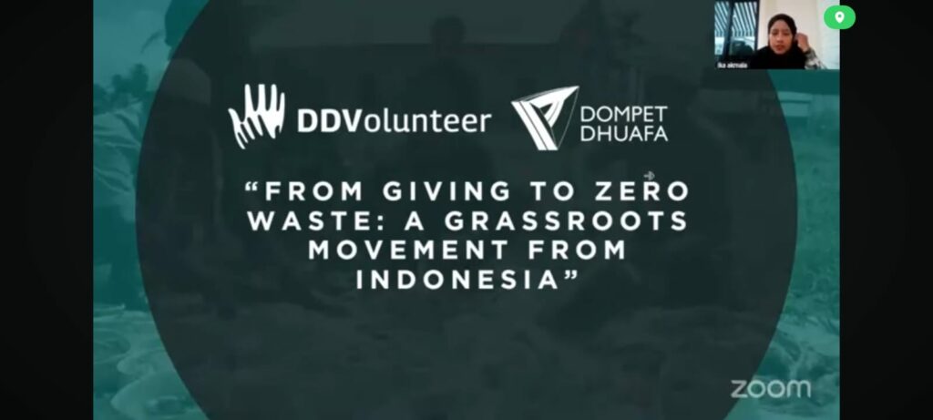 Slide with DDVolunteer and Dompet Dhuafa logos, title 'From giving to zero waste: A grassroots movement from Indonesia' on teal background with a circular overlay; small video thumbnail in corner.
