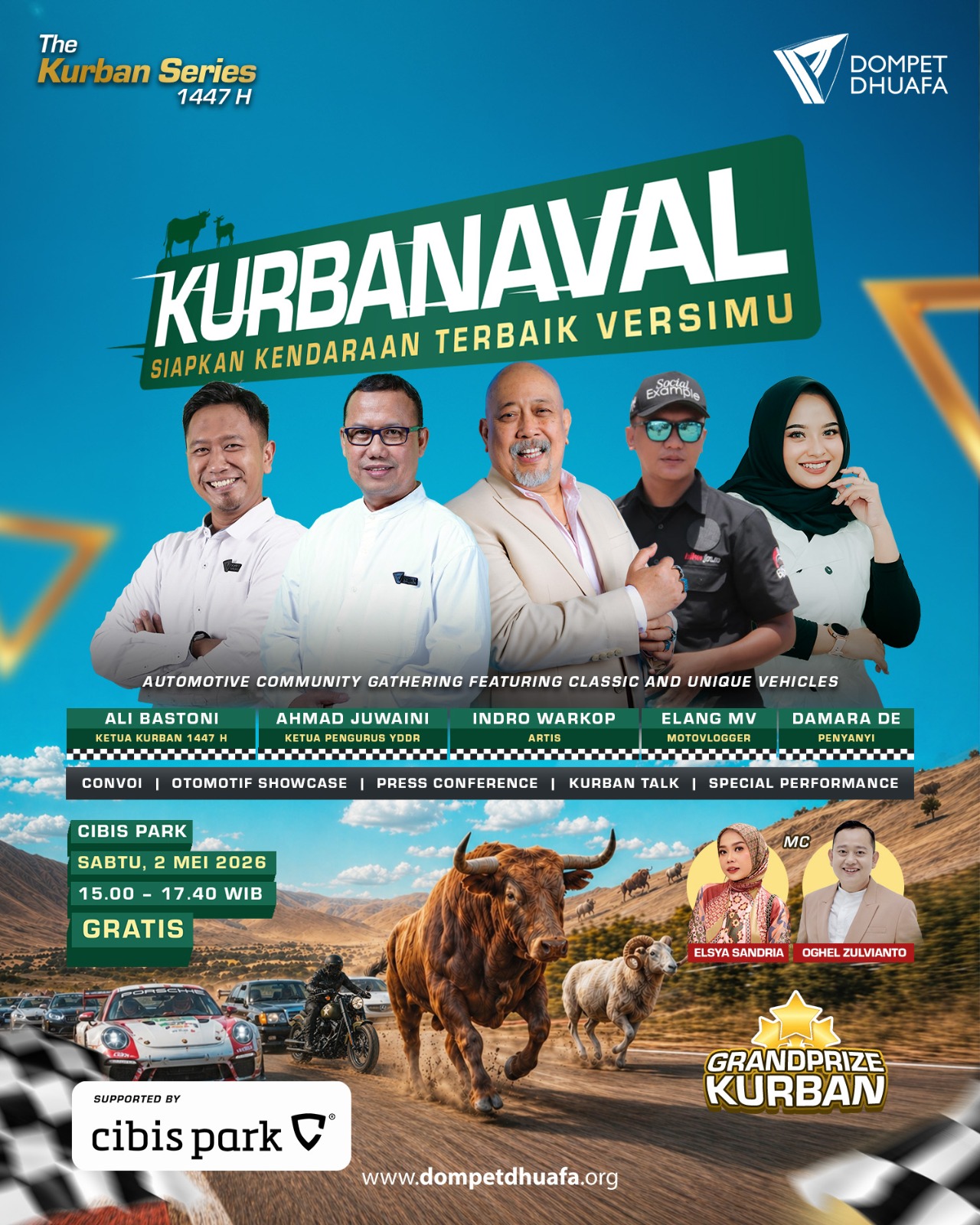whatsapp image 20260501 at 105413 dompet dhuafa Event poster for Kurban Series 1447 H with Dompet Dhuafa logo, featuring five hosts and the title 'Kurbanaval' with event details and free admission at Cibis Park on May 2, 2026.