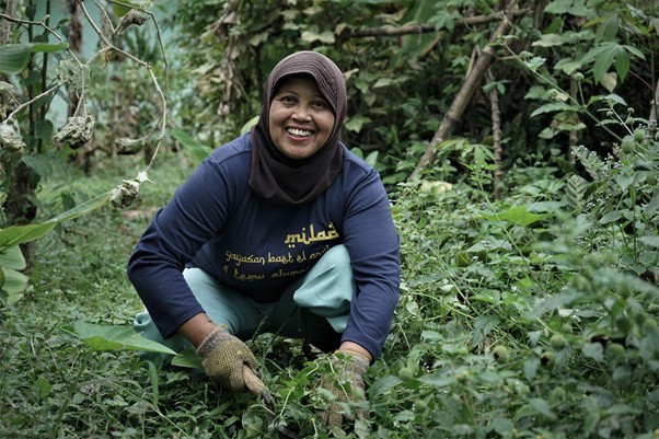 Smiling woman wearing a hijab crouches in a veggie garden, tending plants with gloves on.