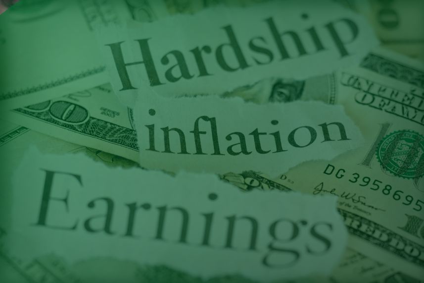 inflasi ekonomi dan zakat dompet dhuafa Torn newspaper words reading hardship, inflation, and earnings over a money background with a green overlay, conveying financial strain