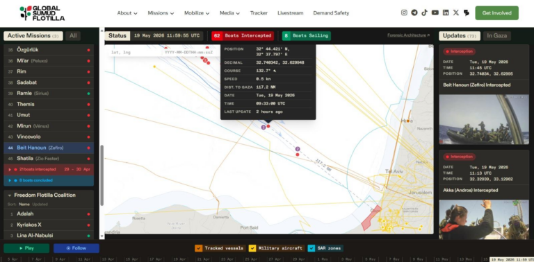 2pejuangwnironggodanhermandikapalzefirogsfdiculikpasukanisrael3768x378 1 dompet dhuafa Live maritime tracking dashboard showing a map with routes, left column of active missions, a center vessel detail popup, and right column incident updates with photos.