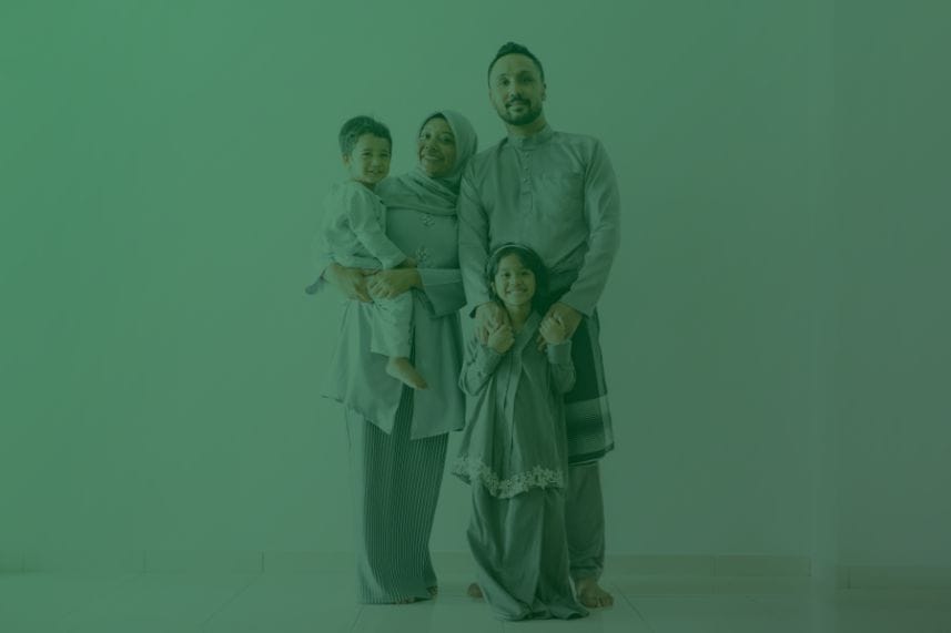 coverwebblog2 dompet dhuafa Family of five posing together in a bright room: mother in a hijab, father, and three smiling children.
