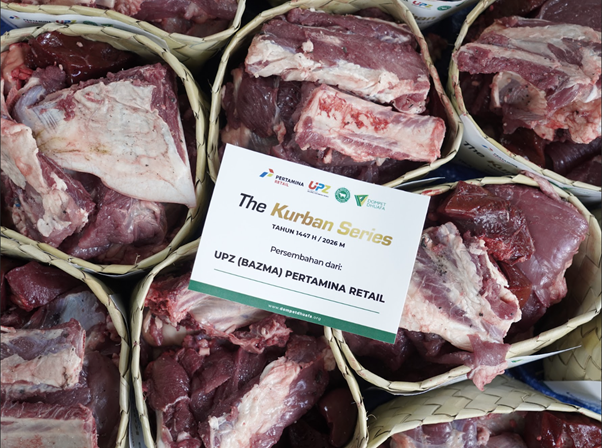 Assorted raw meat cuts arranged in woven baskets with a sign that reads 'The Kurban Series' placed on top.