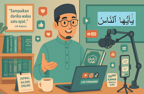 Illustrated Muslim teacher streaming a live Islamic lesson from a desk, with a microphone, Quran, laptop, books, and social media icons around him.