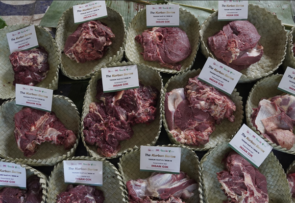 kurban rois ojk 13 dompet dhuafa Assortment of raw beef cuts arranged in round woven baskets on a table, each with a label reading 'The Kurban Series'.