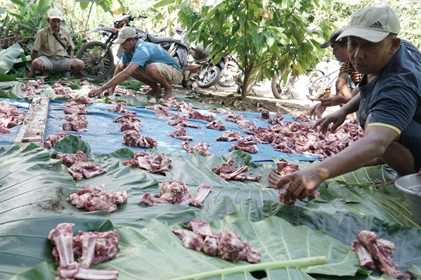 kurbanupzbazma6 dompet dhuafa Men sit and kneel on the ground under trees, cutting and arranging raw meat on large banana leaves laid out as a sorting area outdoors.