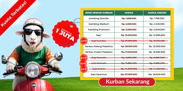 whatsappimage20260528at103125 dompet dhuafa Vibrant ad showing a sheep on a red motorcycle with a '1 Juta' sale tag and a price list; many items crossed out, and a 'Kurban Sekarang' button.